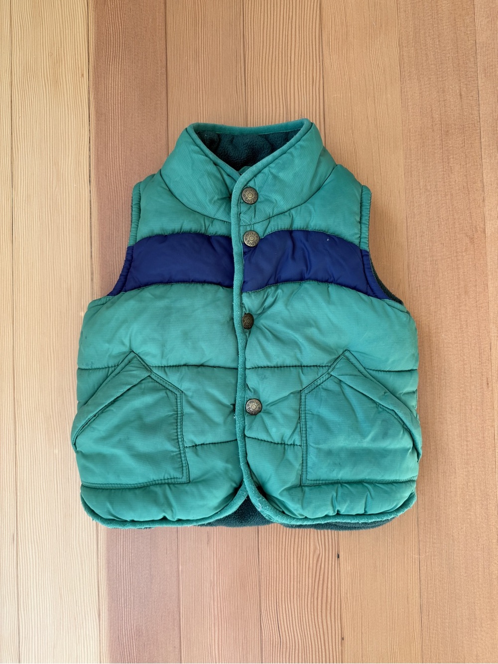 mini Boden sherpa-lined puffer vest, 18-24M, green and navy
